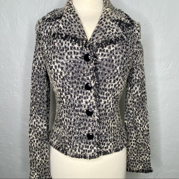 ST. JOHN animal print black knit 4-button blazer with fringe detail - Picture 2 of 14